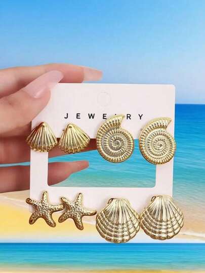 2/8件套海滩海洋风贝壳、海螺、海星金耳环套装，优雅轻盈的饰品，适合海滩旅行，时尚百搭
