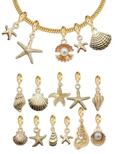 5/10件装混合金色海洋主题吊坠串饰，适用于欧美手链DIY串饰珠子