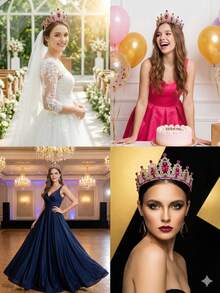 1件套女王皇冠头饰公主皇冠，水晶发箍，女士适用，新娘婚礼派对，情人节礼物 - 玫紅色 - 查看 5