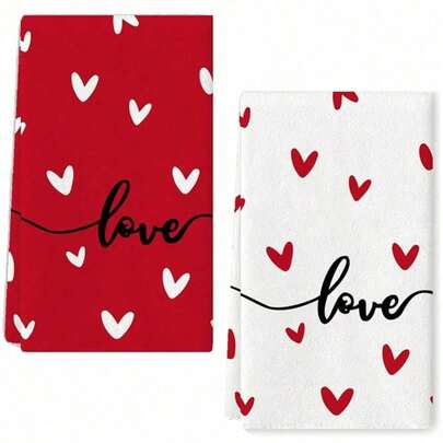 2pcs Black & Red Heart-Shaped Kitchen Towels, Romantic Valentine's Day Gift, Super Absorbent Dish Cloths, Soft & Durable, Machine Washable, Multi-Functional Holiday Decor, Birthday Present For Family & Friends, Suitable For Cooking, Baking, Cleaning, Bathroom, Dining Table Decoration - Perfect Home Decor Choice.