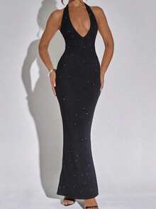 Rhinestone Embellished Floor Length Gown Sparkly Formal Dress For Red Carpet Evening Gown - màu đen - Xem 4