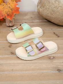 1 Pair Girls' Summer Fashion Flat Slippers, Gradient Color Upper, Metal Buckle Decor, Slip-On, Round Toe Open Toe Stylish Children Shoes, Suitable For Daily Wear, Walking, Outdoor - Beige - View 7