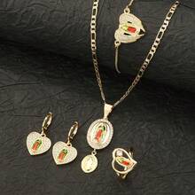 可调节手链、戒指和吊坠套装，镶嵌3A级立方氧化锆，瓜达卢佩圣母玛利亚宗教项链耳环首饰套装，祈祷礼物，瓜达卢佩圣母玛利亚宗教祈祷首饰套装 - 金色 - 查看 2