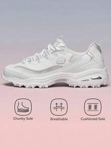 Skechers D'LITES 1.0 系列休闲鞋，白色复古全息女式运动鞋，适合健身锻炼和日常通勤，37 码及以上建议选购小半码，66666200-WHT - 白色 - 查看 2