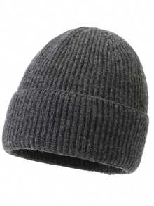 1pc White Knitted Cuffed Beanie, Soft & Warm Knit Hat For Women - Dark Grey - View 6