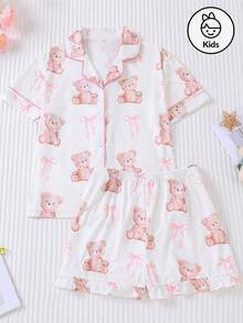 Bộ đồ ngủ 2 món cho bé gái, áo sơ mi cổ bẻ tay ngắn và quần short rộng cạp chun, kiểu dáng mùa hè mới, họa tiết gấu hồng và nơ dễ thương, có thể giặt, đồ ngủ mặc nhà cho trẻ em và thanh thiếu niên. - trắng - Xem 9