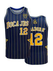 KTYSDE 男士篮球服，12号蓝色条纹复古字母刺绣宽松无袖圆领背心，适合篮球训练、比赛、运动、跑步、健身、街头时尚。 - 藍色 - 查看 1