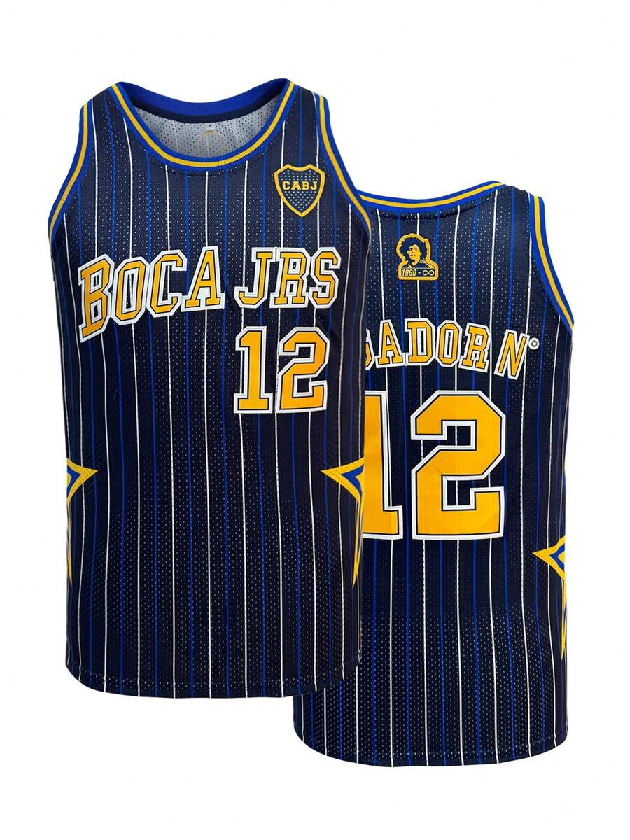 KTYSDE 男士篮球服，12号蓝色条纹复古字母刺绣宽松无袖圆领背心，适合篮球训练、比赛、运动、跑步、健身、街头时尚。 - 藍色 - 查看 1