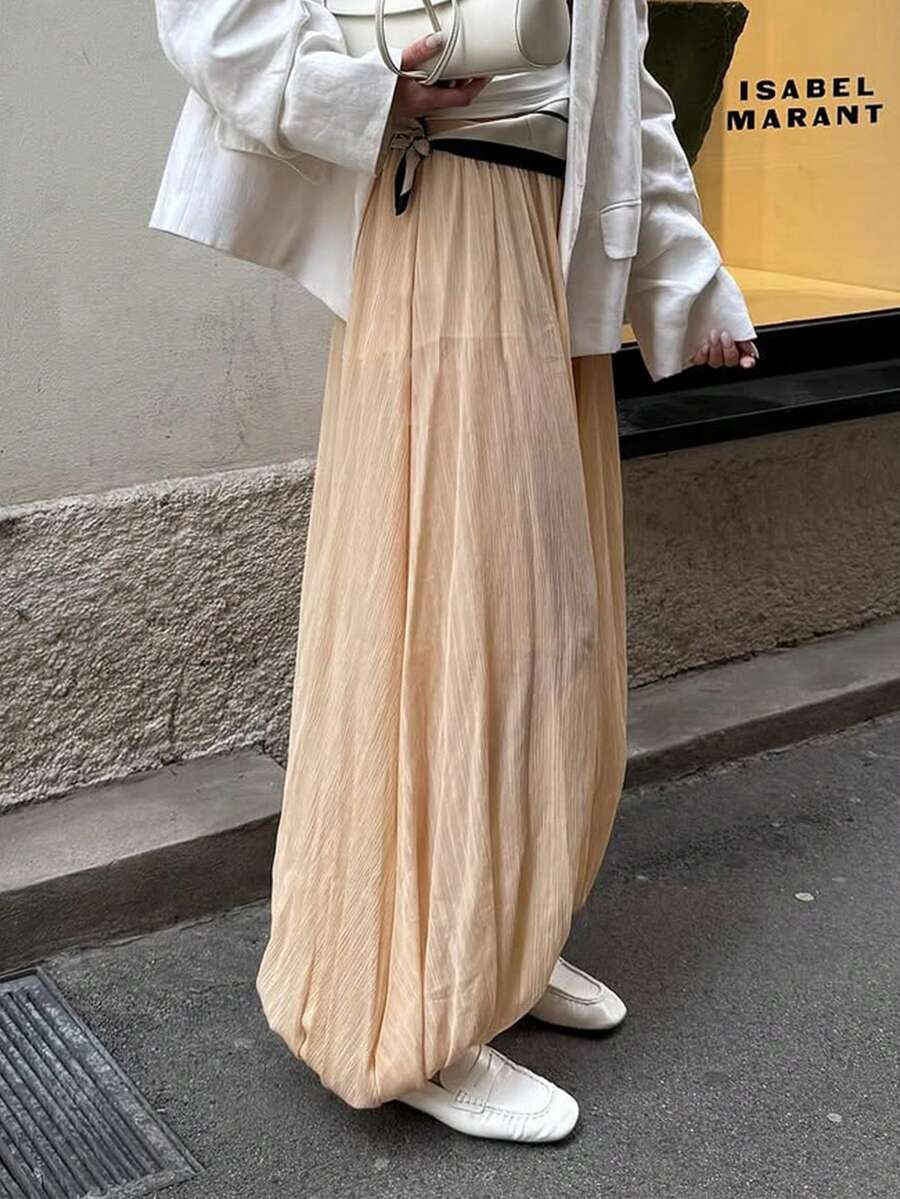 Quần ống rộng dáng suông, cạp chun co giãn, thích hợp mặc mùa xuân cho nữ. - Màu be - Xem 1