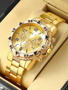 Set de 3 relojes deportivos casuales de moda con correa de tono dorado, esfera redonda, pantalla digital, pulsera y collar, adecuado para niños, Día del Padre, San Valentín, regalo de cumpleaños - Dorado - Ver 2