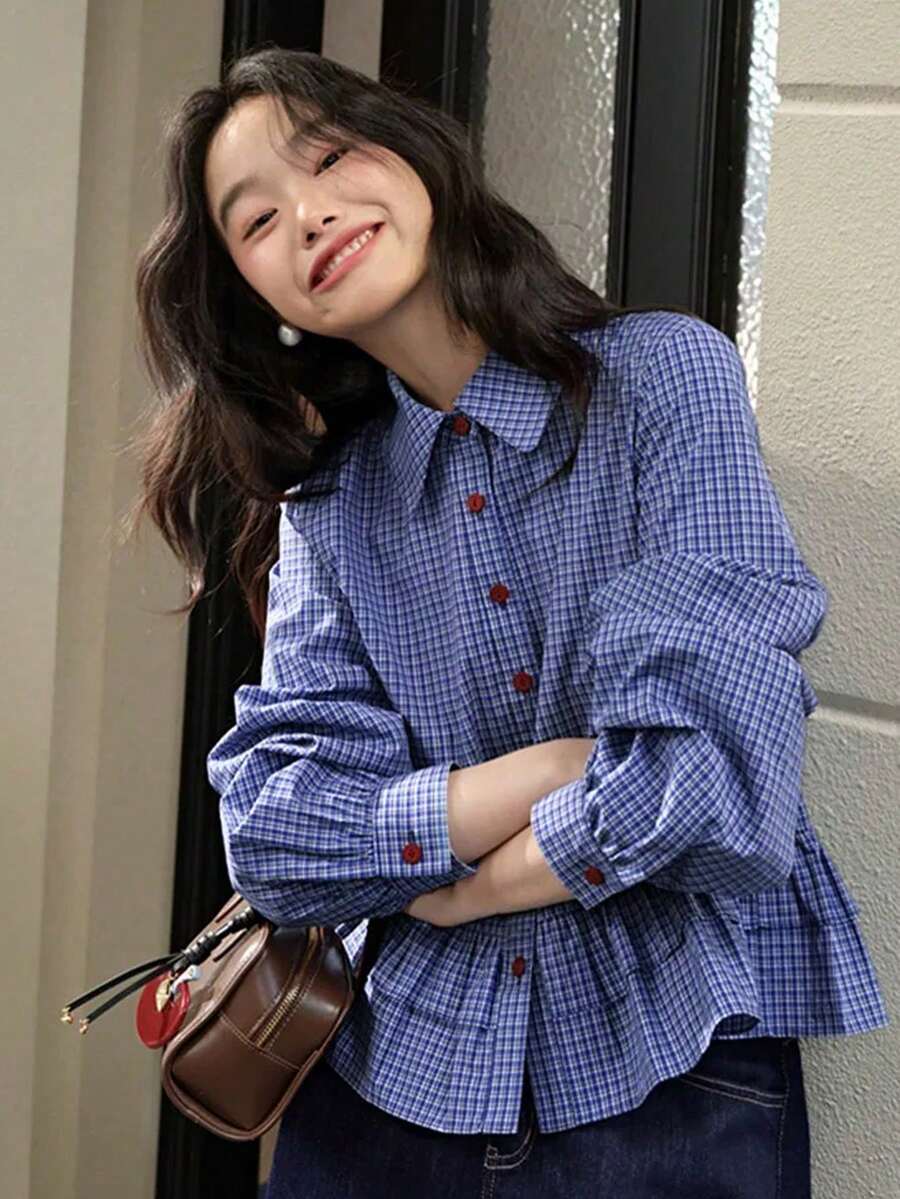 Plaid Ruffle Trim Long Sleeve Blouse Tops, Spring New Arrival - Blue - View 1