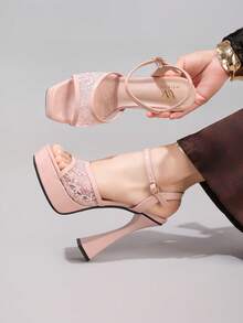 Giày sandal cao gót đế xuồng ren thời trang, giày dự tiệc gợi cảm, sandal hở mũi gót vuông, giày cao gót sàn catwalk dành cho nữ. - Hồng - Xem 4