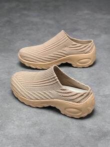 Women's Casual Sneakers, 2026 Summer New Thick Sole Heightening Wear-Resistant Slip-On Soft Bottom Lightweight Comfortable Knitted Mesh Breathable Anti-Sweat Anti-Odor Comfortable Mesh Shoes, Suitable For Middle-Aged And Elderly, Housewives, Nannies - Khaki - View 4