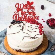 1pc Red & Pink "Will You Be My Valentine?" Cake Topper, Decoration For Valentine's Day Proposal Party - Red - View 6