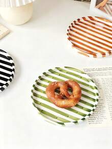 1pc/2pcs Handpainted Striped Ceramic Plate, Elegant Ceramic Dessert/Snack/Jewelry Tray, Suitable For Breakfast, Steak, Pasta, Afternoon Tea, Holiday Gifts - Multicolor - View 3