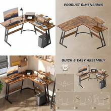 L Shaped Gaming Desk 120x120cm With Removable Monitor Stand Corner Computer Desk Large PC Writing Table For Home And Office Easy To Assemble Wood Grain Rustic Brown - Rustic Brown - View 1