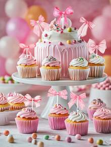 16pcs/Set Pink Bow Cake Topper, Pink Bow Party Cake Decoration Supplies,Pink Bow Cake Insert,Birthday Cake Decor, Baby Shower Party Supplies,Wedding Party Dessert Decor, Baking Decor Supplies,Ice Cream Decoration,Dining Table Decor,Pink Bow Birthday Party Decor, Birthday Gift Party Favor - Bow - View 11