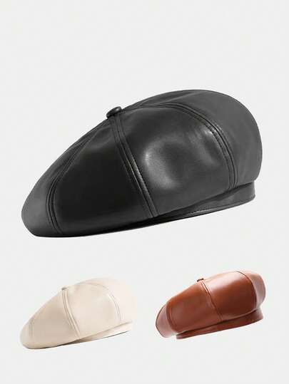 1pc Women's Beret Black Pu Leather Hat Popular In Saudi Arabia Women's Accessories Kpop Black Beret Hat
