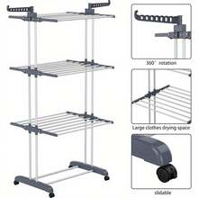 LOVEWE 4-Tier Oversized Foldable Stainless Steel Drying Rack (24 Poles +14 Hooks), 60.7" High Movable Laundry Rack (4 Castors) For Home/Dorm/Hotel, Grey - Xám - Xem 11