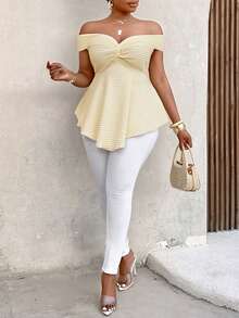 BIUBIU Damska dzianinowa bluzka na jedno ramię w dużym rozmiarze z falbaną u dołu, krótkim rękawem odsłaniającym ramiona, asymetrycznym, regularnym krojem - Szampan - Zobacz 4