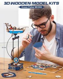 Robotime ROKR Weight Swing 3D Wooden Puzzle - Available In Two Styles: Dynamic Biplane Model And Nautical Boat Model. Features Gravity Swing Function, Movable Propeller, And Hidden Drawer. 180+ Pieces. Suitable For Adults And Teenagers As A Desktop Decoration - Blue - View 7
