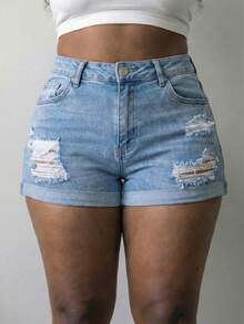 Women's Distressed Rolled Hem Denim Shorts - Slim Fit, Streetwear Style Hotpants - Light Wash - View 1