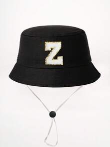 1顶26字母印花儿童渔夫帽+可拆卸防风绳，可调节户外遮阳帽，适合男孩女孩，春秋季旅行、海滩、度假 - 黑色 - 查看 15