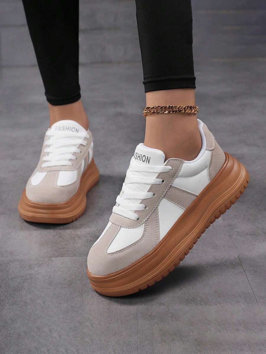 1双青少年休闲真皮运动鞋，厚底防滑，舒适柔软内衬，简约日常穿着滑板鞋 - 卡其色 - 查看 1