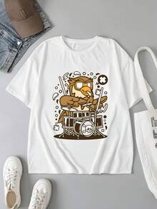 Women's 100% Cotton T-Shirt With Owl Playing Drums Print, Short Sleeve, Casual And Cool Summer T-Shirt, Streetwear And Fun Style, Ideal For Everyday Wear - 白色 - 查看 1