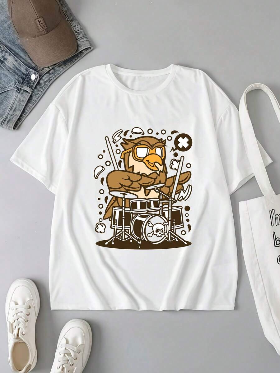Women's 100% Cotton T-Shirt With Owl Playing Drums Print, Short Sleeve, Casual And Cool Summer T-Shirt, Streetwear And Fun Style, Ideal For Everyday Wear - 白色 - 查看 1