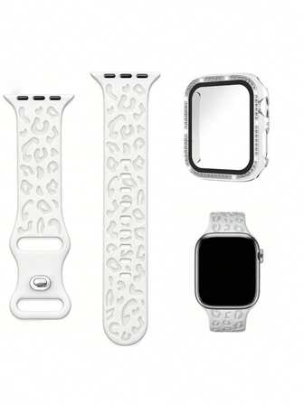 1 set 3-i-1 moderiktigt nytt silikonsniderat leopardmönster klockarmband och boettfilm med inbäddade diamanter PC-klockskyddsfodral för Apple Watch 38mm 40mm 41mm 45mm 44mm 42mm 49mm för Apple Watch Ultra-serien Ultra 9 8 7 6 5 4 3 2 1 SE, bekvämt andningsbart ersättningsarmband, reptåligt vattentätt stötsäkert klockskyddsfodral för kvinnor och män