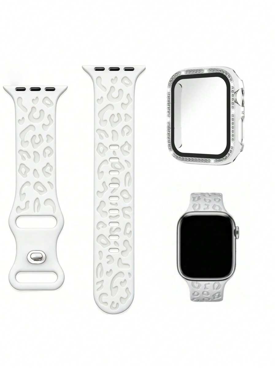 1 set 3-en-1 Nouveau bracelet de montre et film de protection de boîtier en silicone à la mode avec imprimé léopard et diamants intégrés. Étui de protection pour montre compatible avec Apple Watch 38 mm, 40 mm, 41 mm, 45 mm, 44 mm, 42 mm, 49 mm pour Apple Watch Ultra Série Ultra 9 8 7 6 5 4 3 2 1 SE. Bracelet de remplacement confortable et respirant, étui de protection pour montre résistant aux rayures et étanche aux chocs, pour femmes et hommes. - Transparent - Voir 1