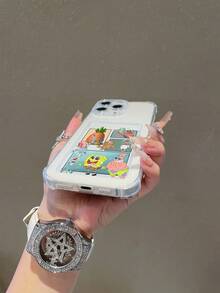 1pc Cute & Fun Transparent Card Holder Case, Minimalist Design - Patchwork Spongebob & Teddy Bear Painted Pattern, Shockproof Phone Case Compatible With IPhone 11/12/12 Pro Max/14 Pro Max/15/15 Pro/16/16 Pro Max/17 And Other Models - Multicolor - View 6
