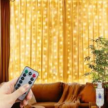 1 pieza Luces de cadena LED para cortina de ventana, 8 modos, alimentado por USB, adecuado para el Día de San Valentín, boda, vacaciones, dormitorio, fiesta de cumpleaños, decoración de Eid (control remoto no incluido) - Luz de cortina USB - Ver 16
