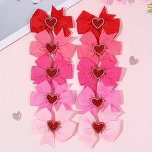 10 Valentine's Day Heart Bow Hair Clips, Girl's Style |   Pink Color Thick Ribbon Bow Hair Clip, Sweet Hair Accessories, Used To Fix Hairstyle - 粉色 - 查看 1