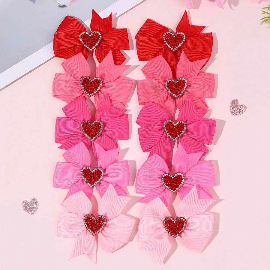 10 Valentine's Day Heart Bow Hair Clips, Girl's Style |   Pink Color Thick Ribbon Bow Hair Clip, Sweet Hair Accessories, Used To Fix Hairstyle - 粉色 - 查看 1