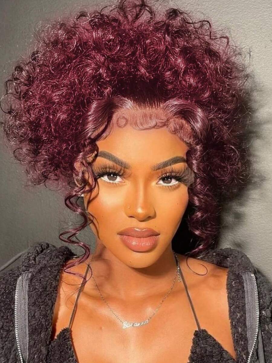 360 99j Burgundy Lace Front Wigs Human Hair 250% Density Invisi Strap 360 Full Lace HD Transparent Lace Front Wig Glueless 13x4 99j Burgundy Colored Curly Lace Front Wigs Human Hair Pre Plucked With Baby Hair For Women - S99J - 查看 1