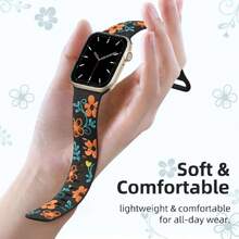 Floral Band Compatible With Apple Watch Bands For Women 40 41 38 42 44 45 46 49, Engraved Cute Flower Silicone Dressy Strap For  Series 11 10 9 8 7 6 5 4 3 2 SE Ultra,39927267 - Orange - View 2