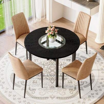 Dining Table Set: Modern Minimalist Dining Table Made Of Safety Glass With A Diameter Of 85 Cm, Combined With 4 Brown Dining Chairs Made Of High-Quality High-Tech Fabric, For Living Area, Dining Room & Kitchen