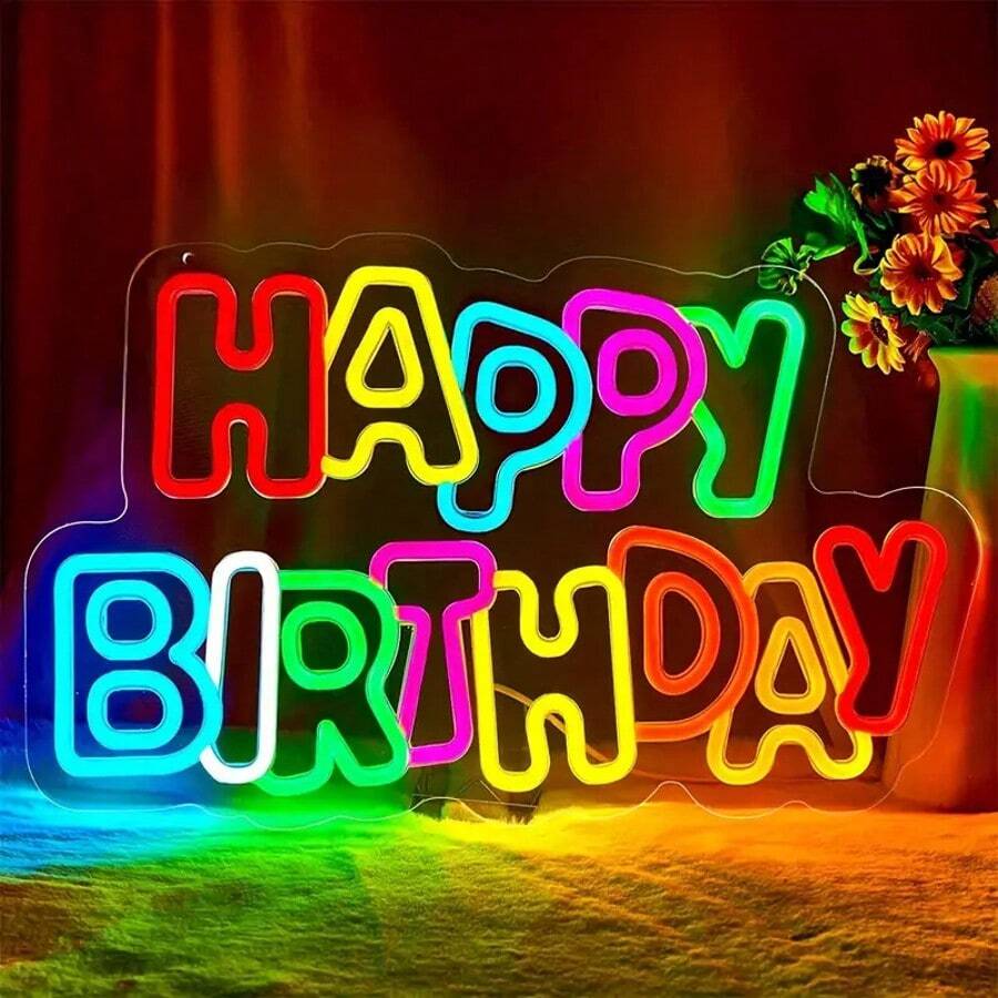 1个生日快乐LED霓虹灯，节日墙面装饰，带调光开关的霓虹灯，家庭派对宿舍墙面装饰，USB供电，适用于生日派对主题
