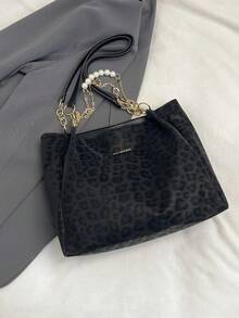 Bolso de mano a rayas de moda para mujer, bolso de hombro de gran capacidad, bolso con cremallera y cadena de metal para uso diario - Negro - Ver 5