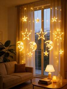 开斋节快乐 LED 窗帘灯 - 室内/室外闪烁星月灯，USB/电池供电，窗户/墙壁装饰，节日派对装饰（6 个星月 LED 灯） - 暖光 - 查看 2