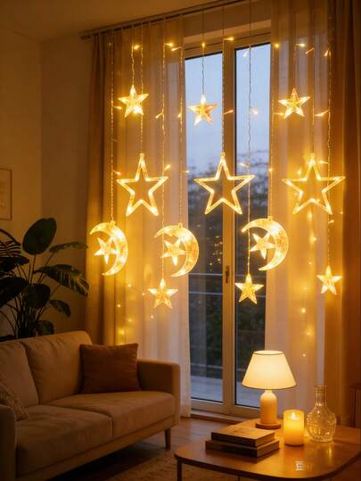 Eid Mubarak LED Curtain Lights - Indoor/Outdoor Twinkling Stars & Moons, USB/Battery Powered Window/Wall Decor, Holiday Party Decoration (6 Moons & Stars LED Lights)