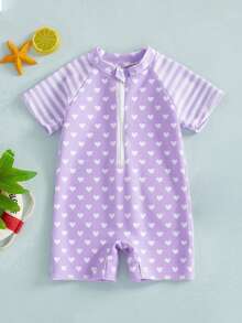 Traje de baño de verano para bebé niña, manga corta, cuello redondo, estampado de lunares y rayas, cremallera frontal. - Morado Violeta - Ver 6
