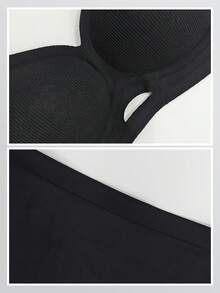 2pcs Set New Wireless Ribbed Supportive Bra & Thong Panty Lingerie Set - Black - View 4