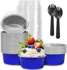 YOIYINI 4th Of July 50Pcs Mini Aluminum Foil Cupcake Baking Cups,5oz Mini Cake Pans Disposable, Loaf Pans With Lids,Disposable Ramekins,Tin Cups Containers For Cupcake,Pudding,Muffin(50, Blue) - Màu B - Xem 1