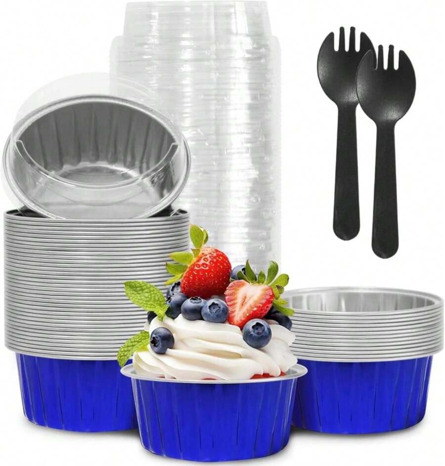 YOIYINI 4th Of July 50Pcs Mini Aluminum Foil Cupcake Baking Cups,5oz Mini Cake Pans Disposable, Loaf Pans With Lids,Disposable Ramekins,Tin Cups Containers For Cupcake,Pudding,Muffin(50, Blue) - Màu B - Xem 1