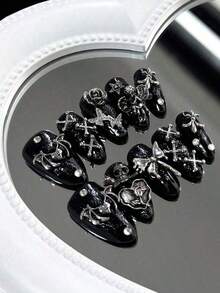 10 Long Dark Almond-Shaped Handmade Press-On Nail Tips. Dark Punk-Style Nail Set Decorated With Black Wings, Skulls, Butterflies, Vintage Roses, Stars, Angels, Bowknots And Rhinestones. With Fine Shimmer Decorations, Shiny And Glossy. Full-Coverage Removable Fake Nail Kit, Suitable For Office Workers, Students, Party Girls And All Seasons. Includes Jelly Glue And Nail File. Press On Nails Nail Supplies Nails(Random Delivery) - Ngẫu nhiên - Xem 6