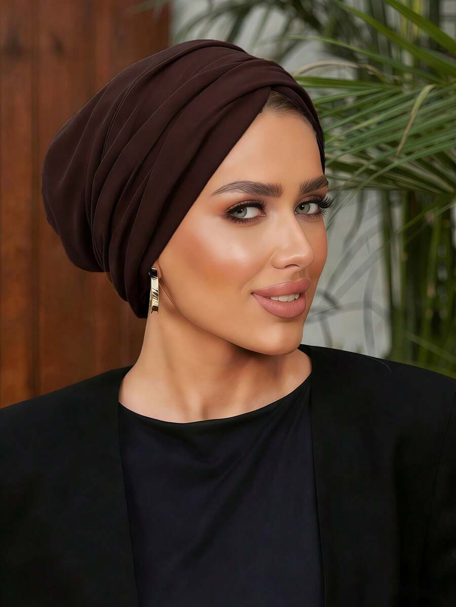 1pc Women's Classic Solid Color Chemo Turban Hat, High Elasticity & Pleated Design, Non-Slip & Breathable, Multi-Layer Pleated Headscarf, Perfect For Hijab, Soft & Skin-Friendly Modal Knitted Fabric, Suitable For Daily Wear