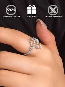 1pc 925 Sterling Silver Braided Rope Knot Zirconia Inlaid Ring (Rope Knot Meaning Design), Gift Box, Suitable For Daily Wear And Valentine's Day Gift - Silver - View 8